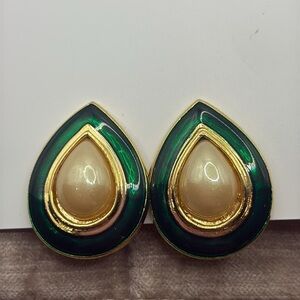 Vintage 80’s Emerald and Gold Teardrop Earrings Clip Ons New Old Stock